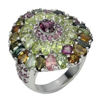 Natural  Rhodolite  Peridot Tourmaline Ring