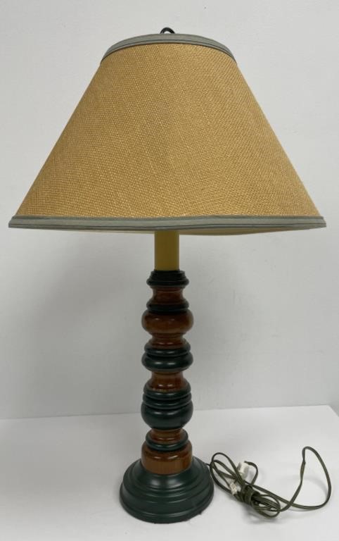 Turned Wood Table Lamp w/Burlap Shade