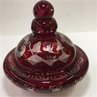 Ruby Cut To Clear Glass Covered Jar