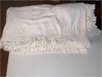 Vintage white damask bedspread with fringe