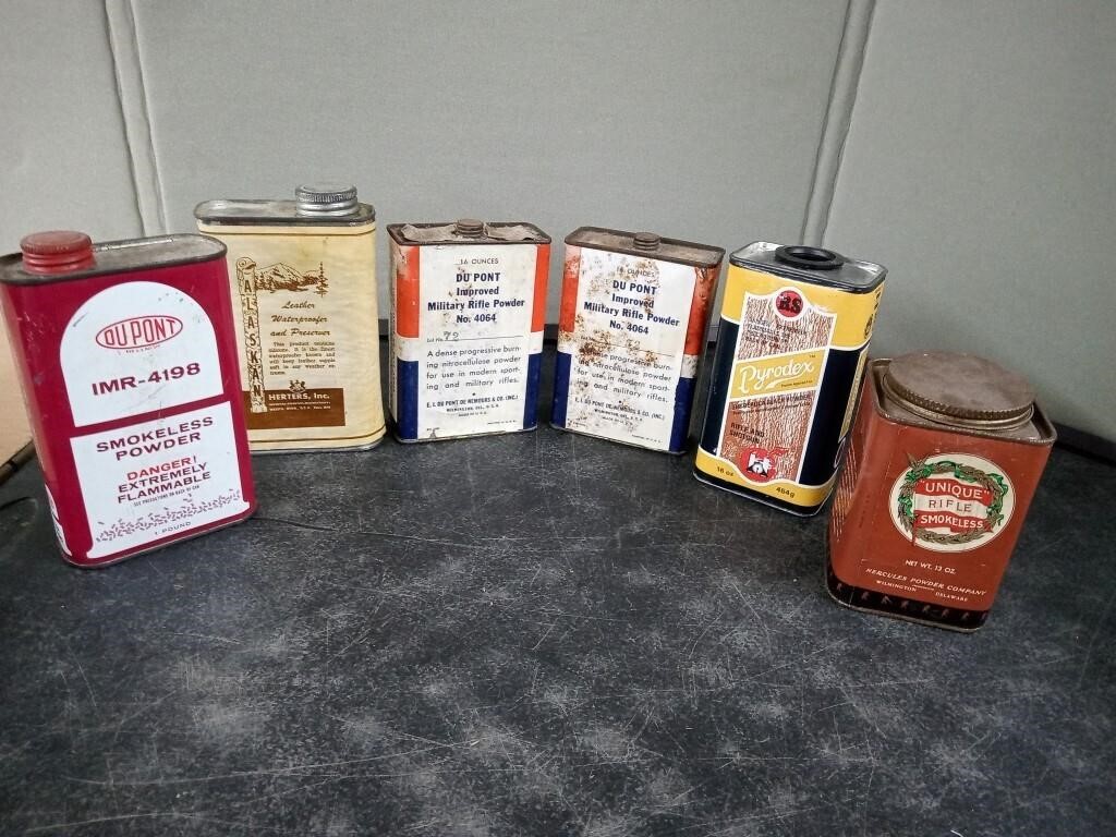 OLDER TIN POWDER CANS, LEATHER PRESERVER