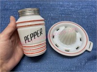 Antique white & red pepper shaker & juicer