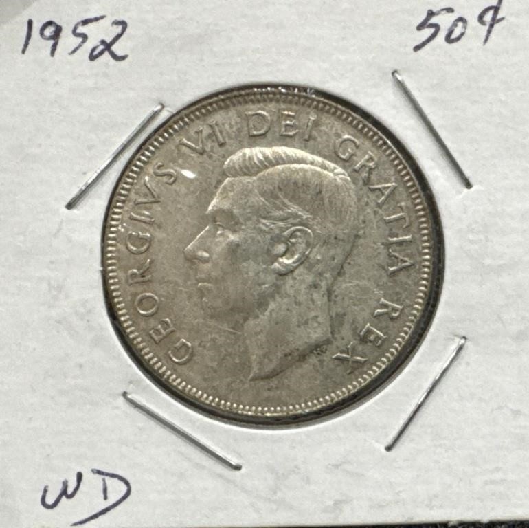 1952 50 Cents Silver Coin- Narrow Date (ND)