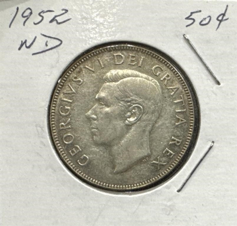 1952 50 Cents Silver Coin- Wide Date (WD)