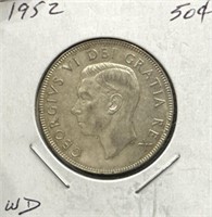1952 50 Cents Silver Coin- Wide Date (WD)