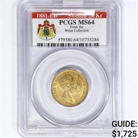 1881-EB Sweden .2593oz Gold 20 Kroner PCGS MS64