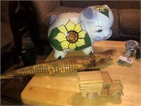 Ceramic Pig Bank +2 Wood Carvings
