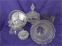 GLASS PITCHER, RELISH DISH, CANDY DISH & MORE