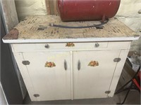 Wood cabinet, very worn, piece of top is missing