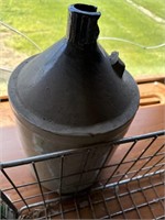 Crock jug (handle broke), wire basket, jars