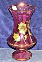 CRANBERRY VASE WITH GOLD OVERLAY 10"