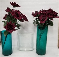 Three Glass Vessels with Artificial Flowers