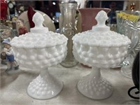 2pc white hobnail candy dishes with lids