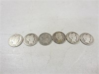 (6) 1910-1911 Barber Silver Half Dollars A