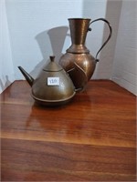 Hammered brass and copper teapot, ewer