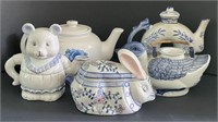 Blue/White Ceramic Teapots & Lidded Rabbit