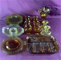 8 Amber Footed Tea Cups, Section Amber Snack Tray