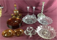 Amber Snack Plates, Decanter Set, & Pair Candle