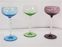 3 multicolored hand-blown Champagne coupes