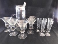 Starburst clear glass set: pitcher w/ silvertone