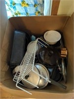 Large box of kitchen pans and more