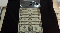 6) Green Seal 2 Dollar Bills 1976 Series