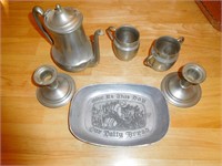 PEWTER PIECES, TEAPOT WITH SUGAR AND CREAMER