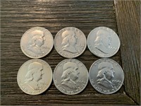 (6) 1954 Franklin Half Dollars