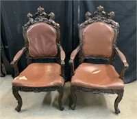 Carved Wood King/Queen Style Chairs w/Leather Uph