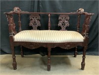 Carved Wood Bench w/Upholstered Seat