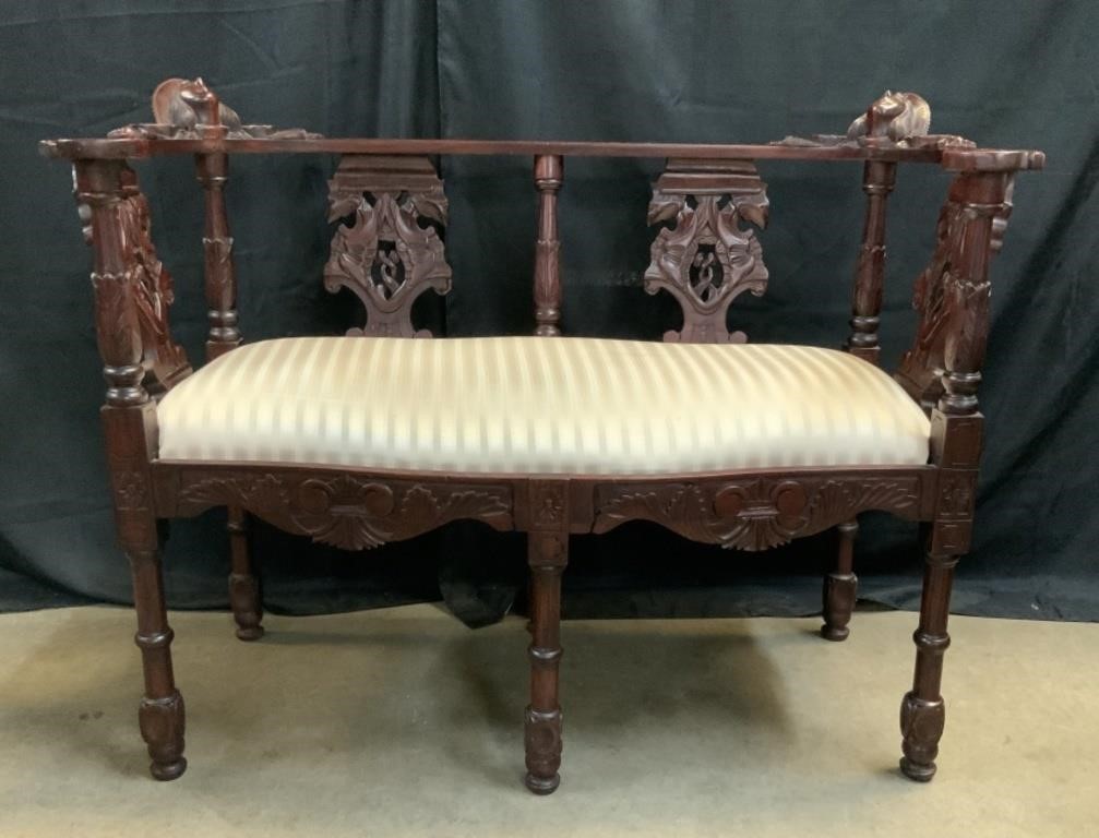 Carved Wood Bench w/Upholstered Seat