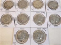 10 - 1964 D Kennedy Silver Half Dollars