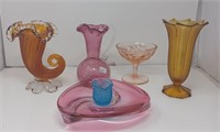 Decorative glass vases, pitcher, and tray