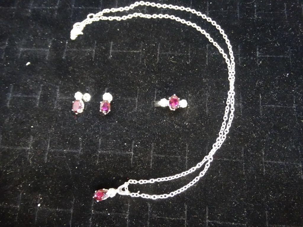 Garnet Colored Ring, Earrings & Necklace Set