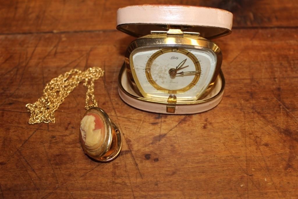 Vintage Travel Clock and Necklace