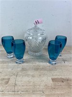 Crystal Vase with 8 Blue Cups