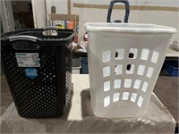 Two laundry hampers run has wheels and handle