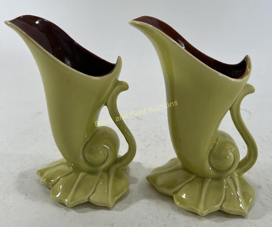 (2) Vintage Red Wing Cornucopia Handled Green Vase