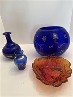 3 Cobalt Blue pieces and Carnival bowl
