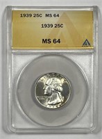 1939 Washington Silver Quarter ANACS MS64