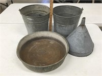 Galvanized buckets, funnel, pan