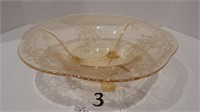 ETCHED FOOTED YELLOW DEPRESSION GLASS BOWL 12 IN