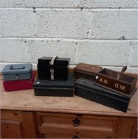 Collection of Metal Coin Boxes and a Mahogany