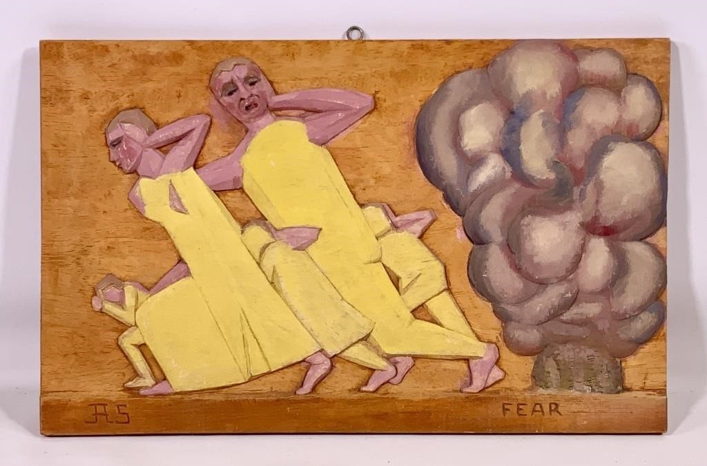 Painted wood panel, carved figures "FEAR"