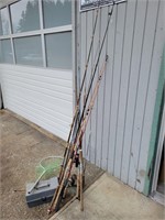 Assorted Fishing Poles with Net & Tackle Box