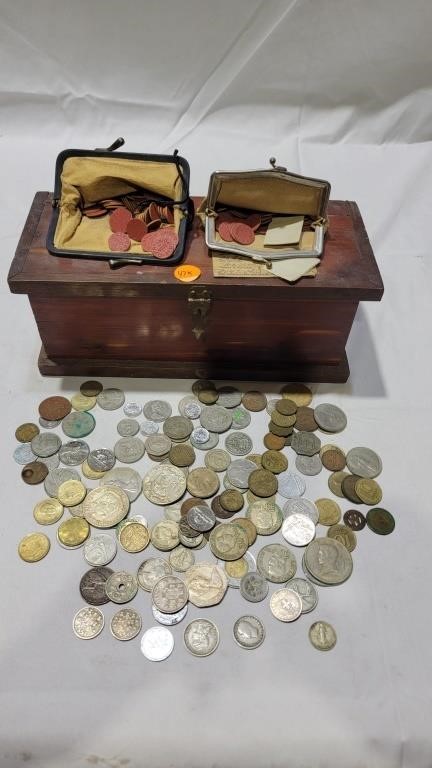 Wood box full of foreign coins and ww2 rations