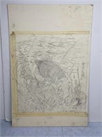 Orig. Wildlife Fishing Sketch for Oil Painting