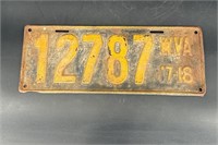 1917-18 WEST VIRGINIA LICENSE PLATE #12787