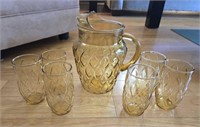 Anchor Hocking Amber Yellow Glass Pitcher/Glasses