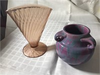 Pink Glass Fan Vase & Art Pottery